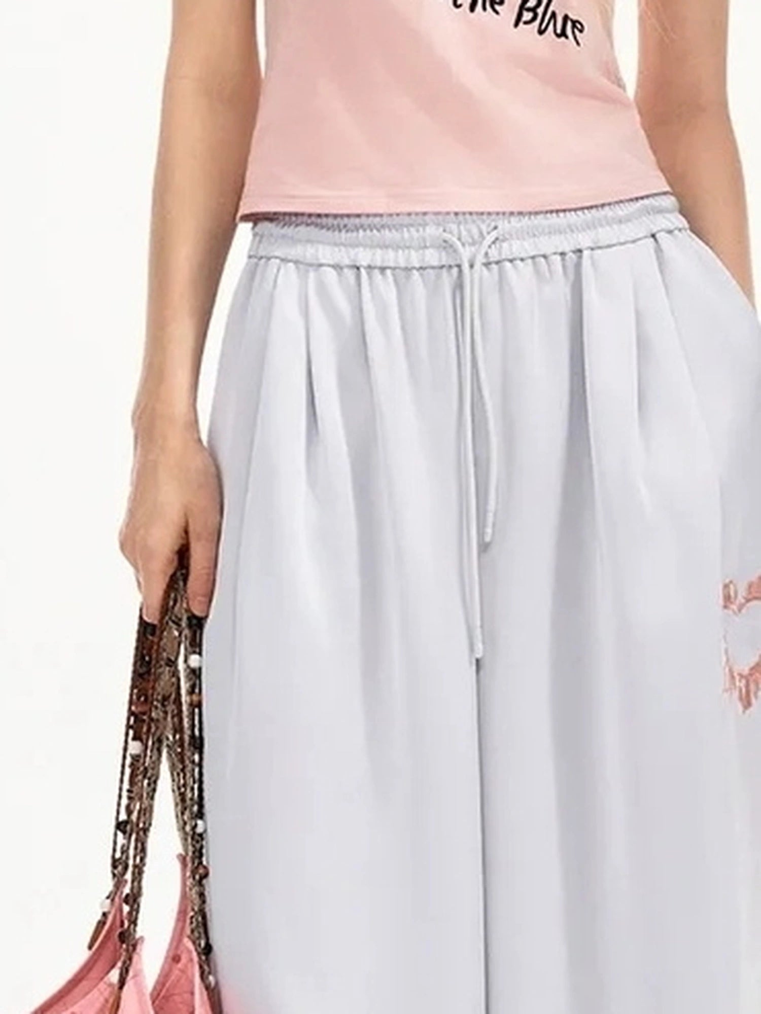 OuttheBlue Summer Patchwork Embroidered Satin Trousers