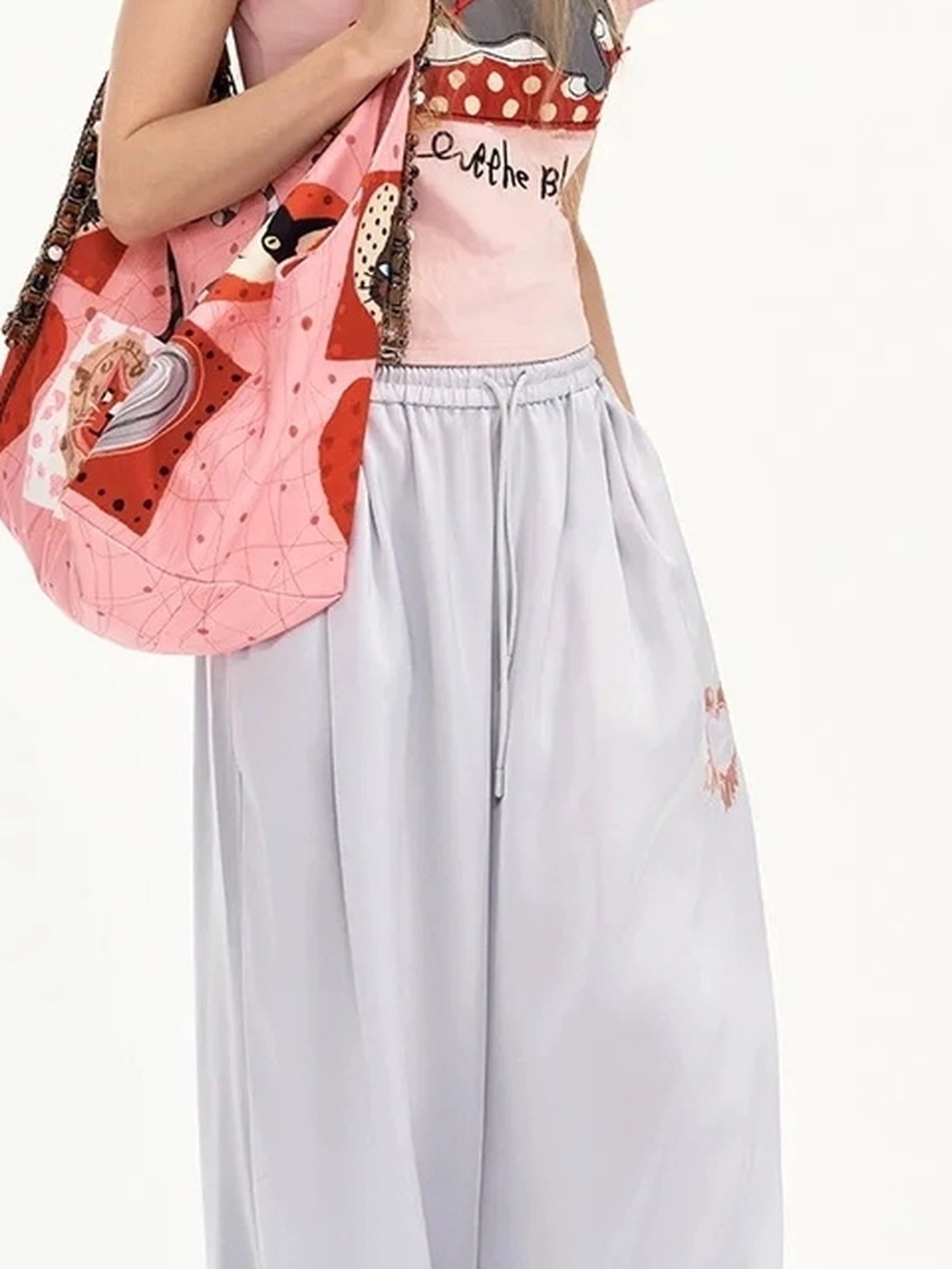 OuttheBlue Summer Patchwork Embroidered Satin Trousers