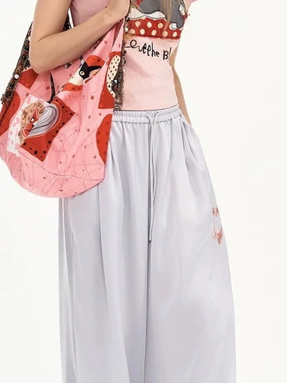 OuttheBlue Summer Patchwork Embroidered Satin Trousers