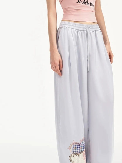 OuttheBlue Summer Patchwork Embroidered Satin Trousers