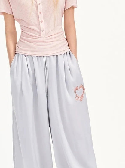 OuttheBlue Summer Patchwork Embroidered Satin Trousers