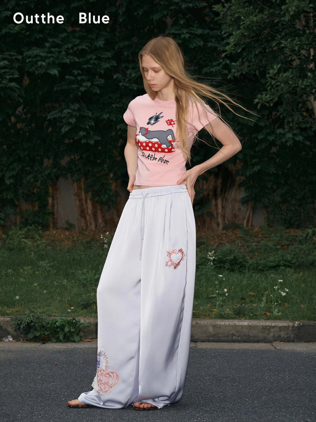 OuttheBlue Summer Patchwork Embroidered Satin Trousers