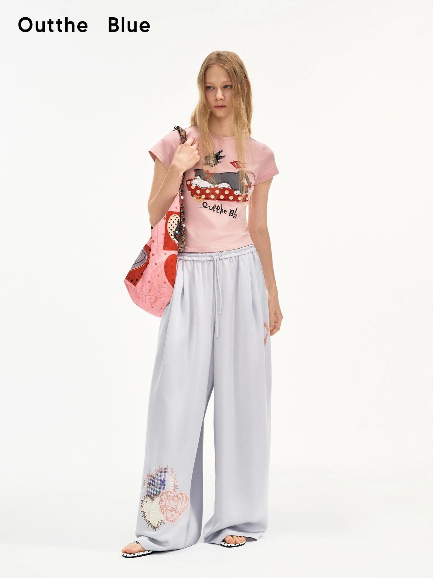 OuttheBlue Summer Patchwork Embroidered Satin Trousers