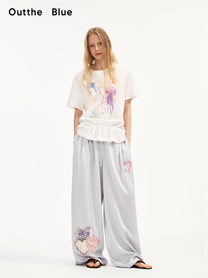 OuttheBlue Summer Patchwork Embroidered Satin Trousers