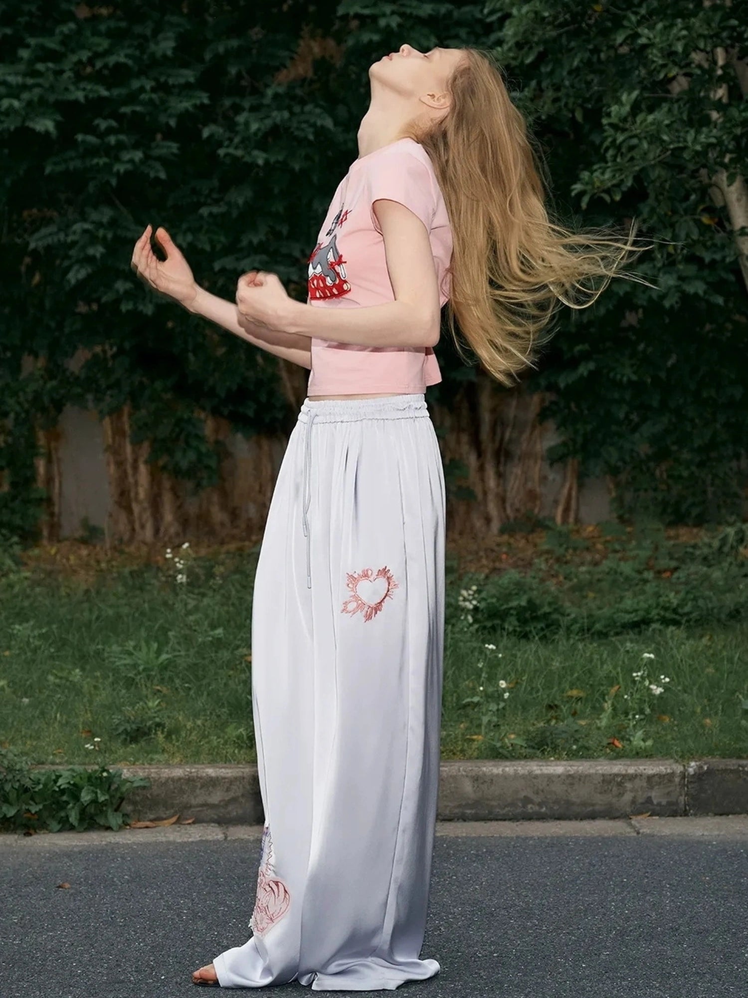 OuttheBlue Summer Patchwork Embroidered Satin Trousers
