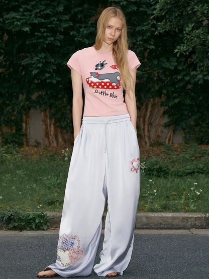 OuttheBlue Summer Patchwork Embroidered Satin Trousers