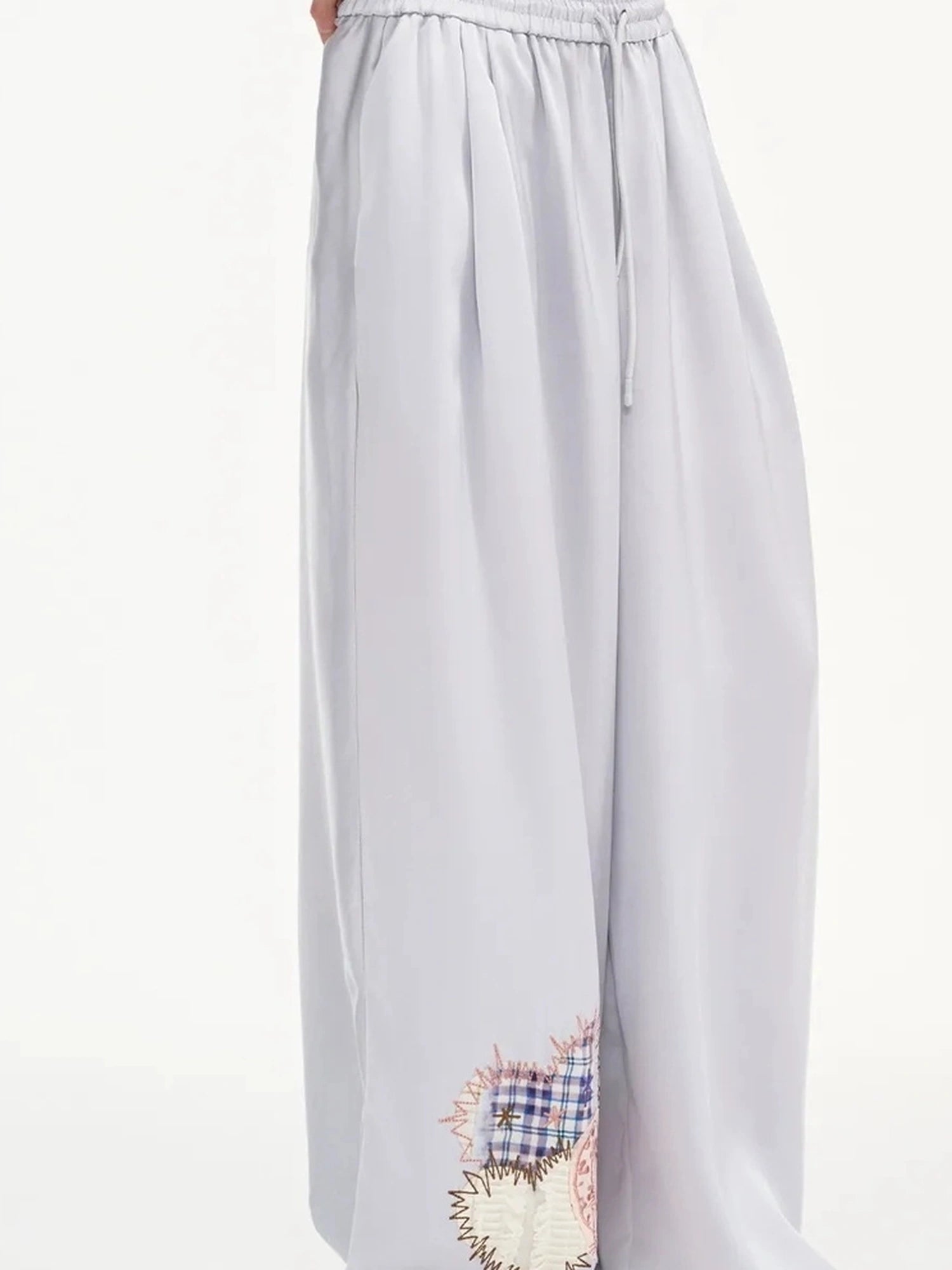 OuttheBlue Summer Patchwork Embroidered Satin Trousers