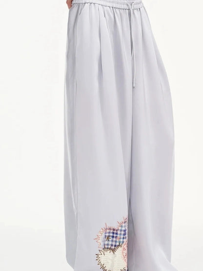 OuttheBlue Summer Patchwork Embroidered Satin Trousers