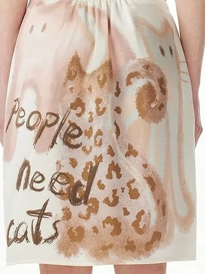 OuttheBlue Summer Satin Beige Print Knee Length Skirt