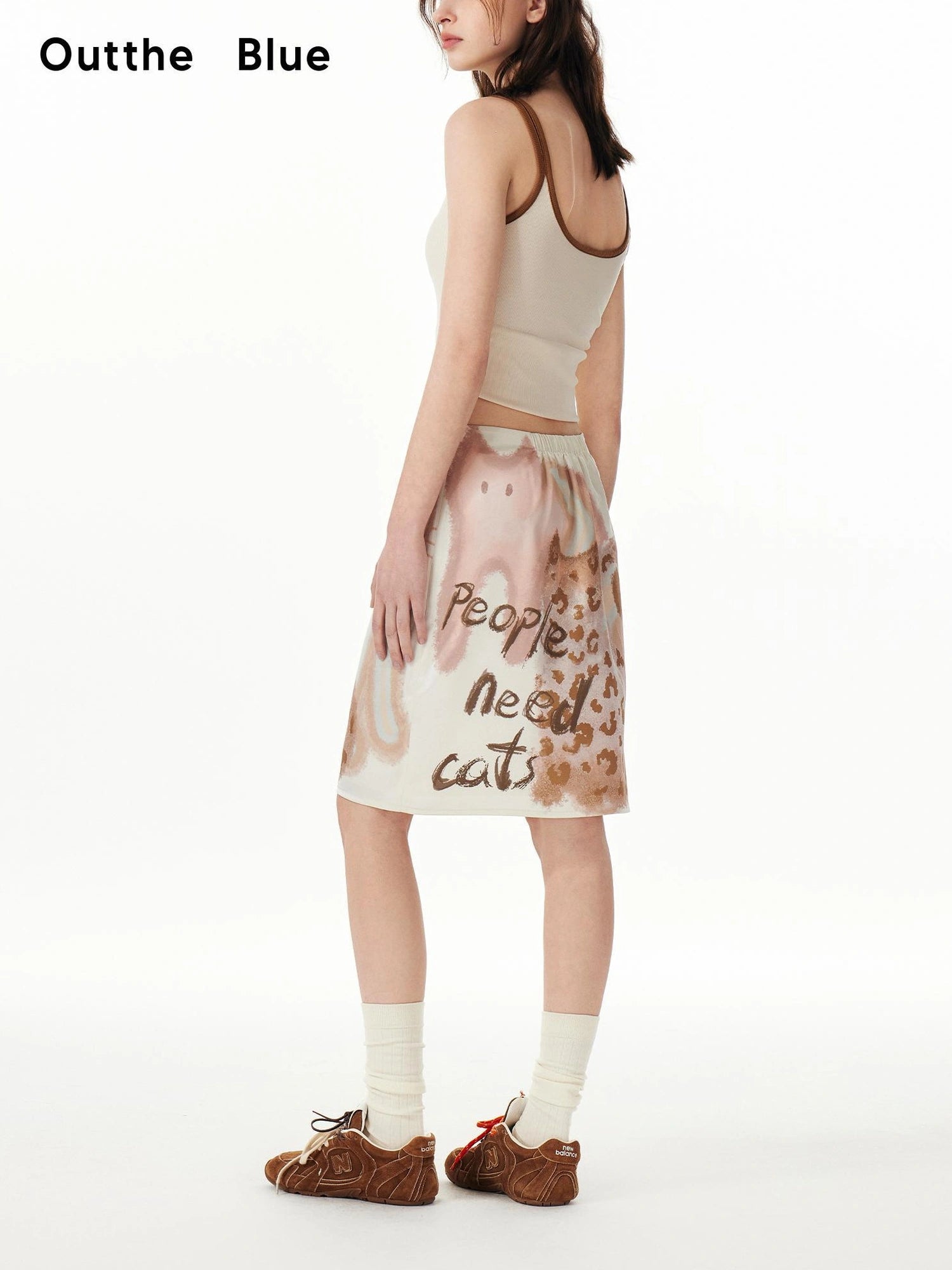 OuttheBlue Summer Satin Beige Print Knee Length Skirt