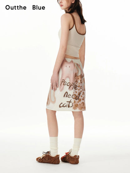 OuttheBlue Summer Satin Beige Print Knee Length Skirt