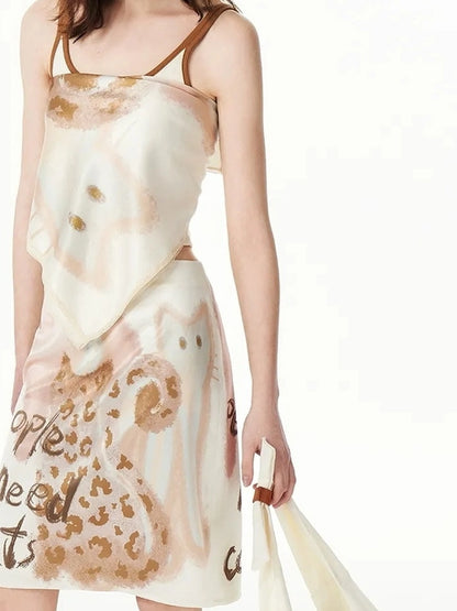 OuttheBlue Summer Satin Beige Print Knee Length Skirt
