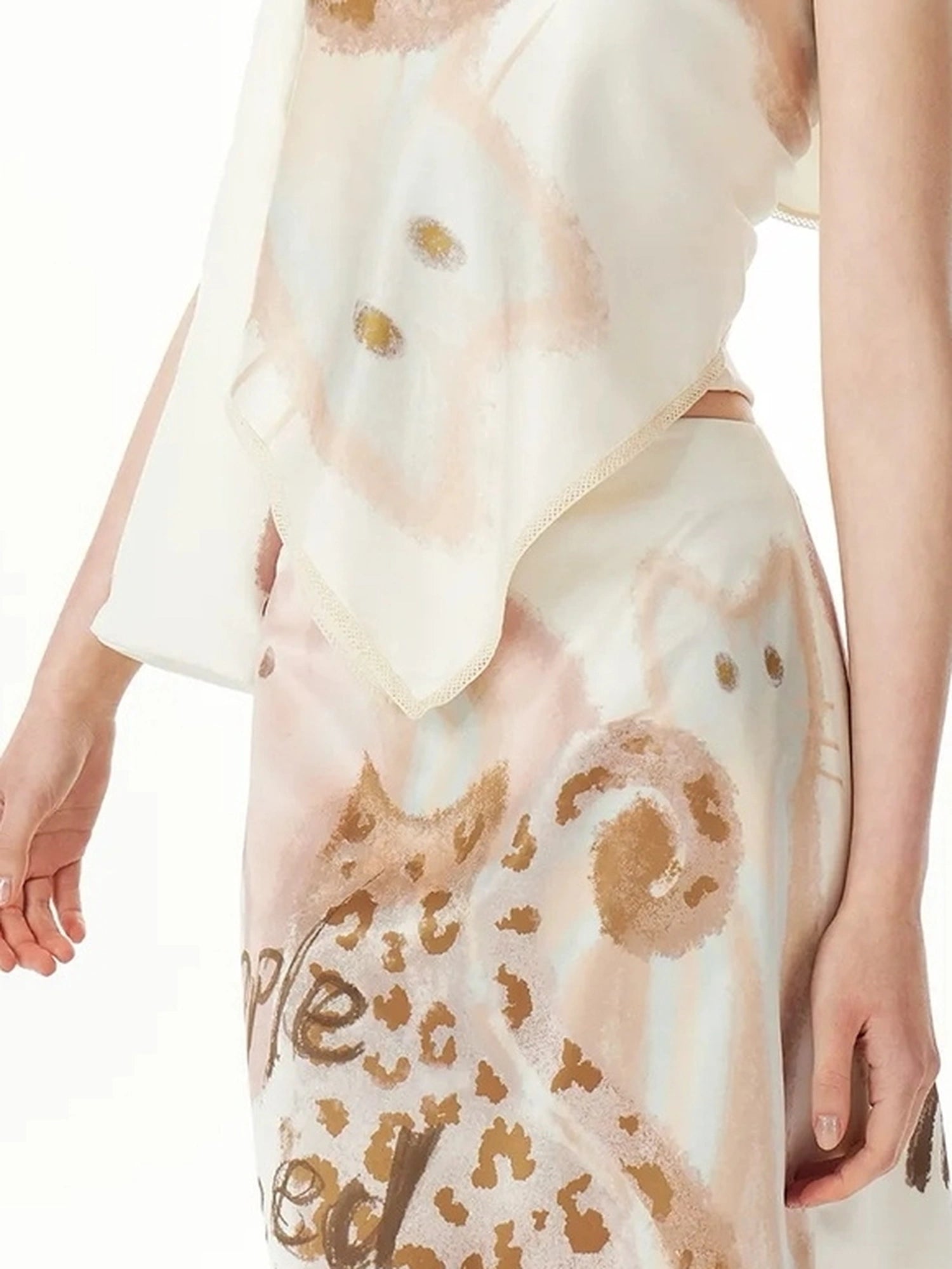 OuttheBlue Summer Satin Beige Print Knee Length Skirt