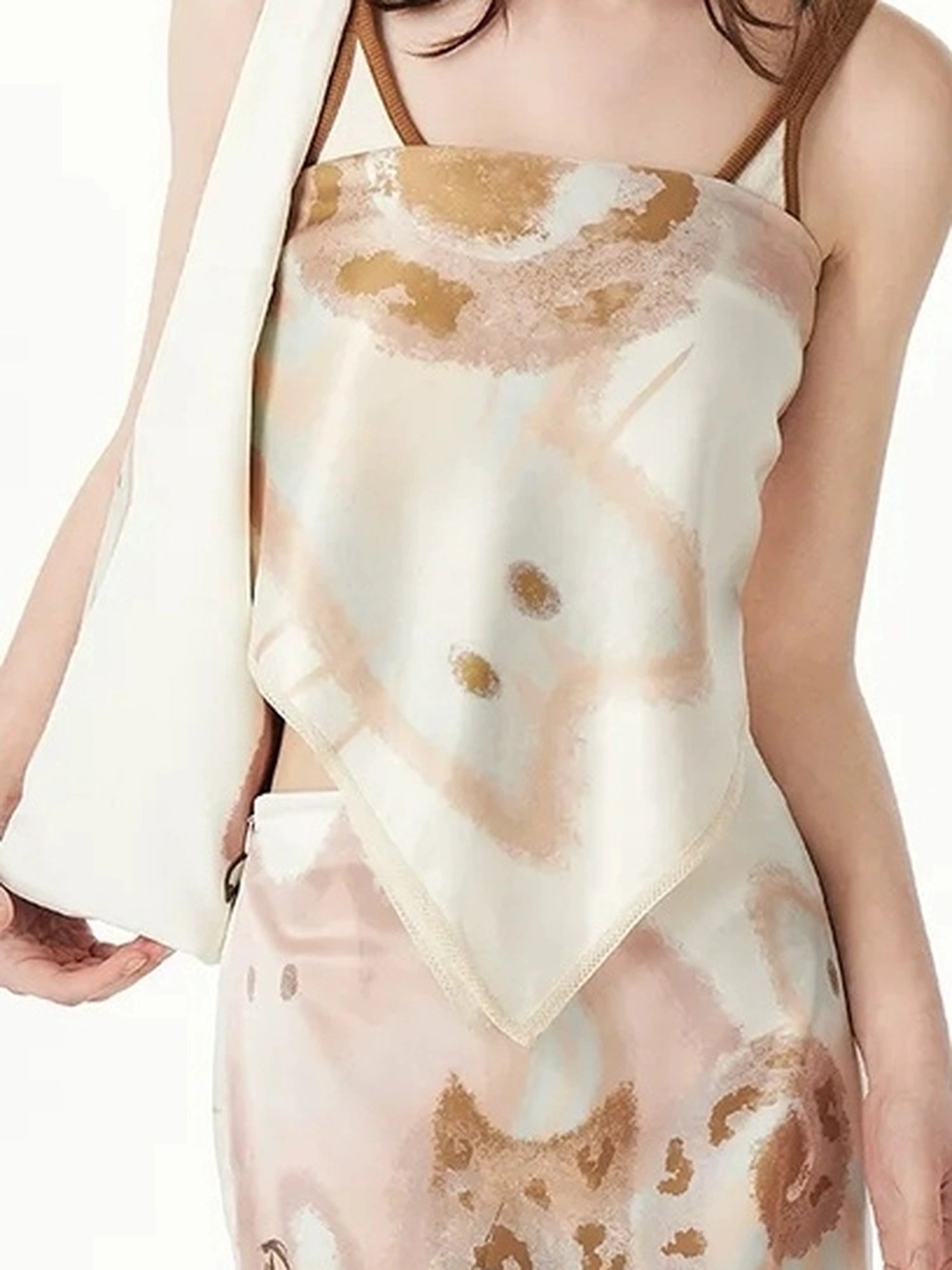 OuttheBlue Summer Satin Beige Print Knee Length Skirt