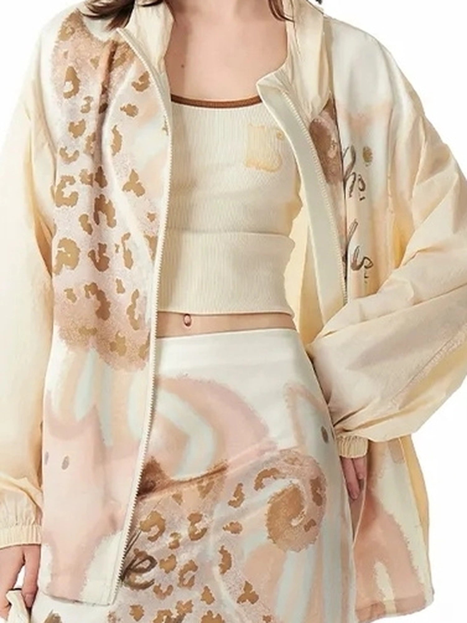 OuttheBlue Summer Satin Beige Print Knee Length Skirt