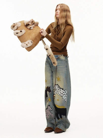 OuttheBlue Sweet Cool Cat Accent Square Single Shoulder Women Fashion Bag