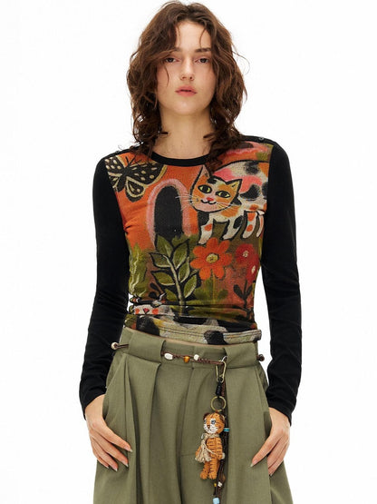 OuttheBlue Sweet Slim Fit Long Sleeve Women Floral Animal Print Stretch Knitted Knitwear