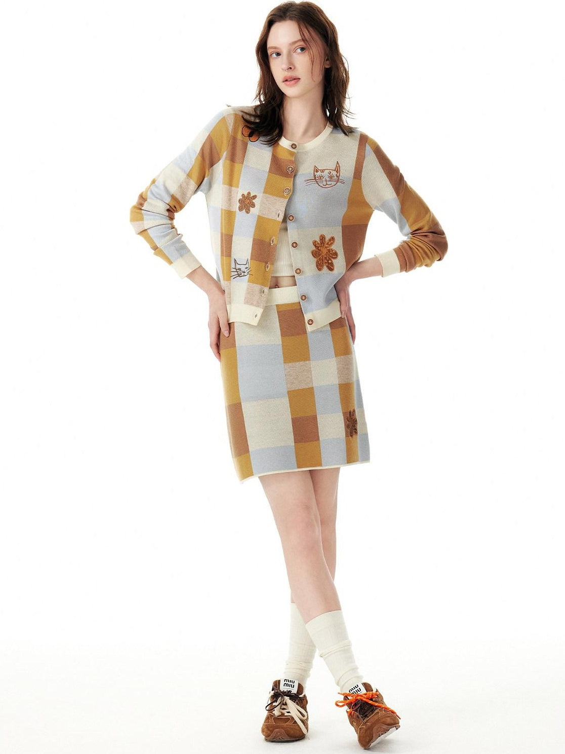 OuttheBlue Tencel Button Long Sleeve Cardigan And Skirt Women Two Piece Top &amp; Skirt Sets