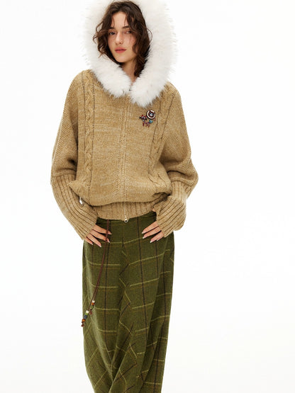 OuttheBlue Thermal Warm Hooded Zip Cardigan Loose Commuter Style Women Knit Sweater