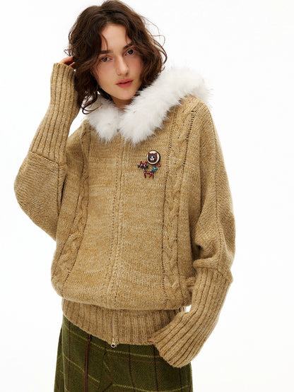 OuttheBlue Thermal Warm Hooded Zip Cardigan Loose Commuter Style Women Knit Sweater