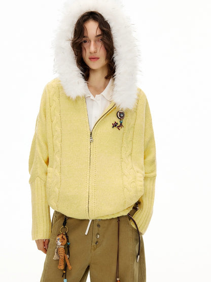 OuttheBlue Thermal Warm Hooded Zip Cardigan Loose Commuter Style Women Knit Sweater