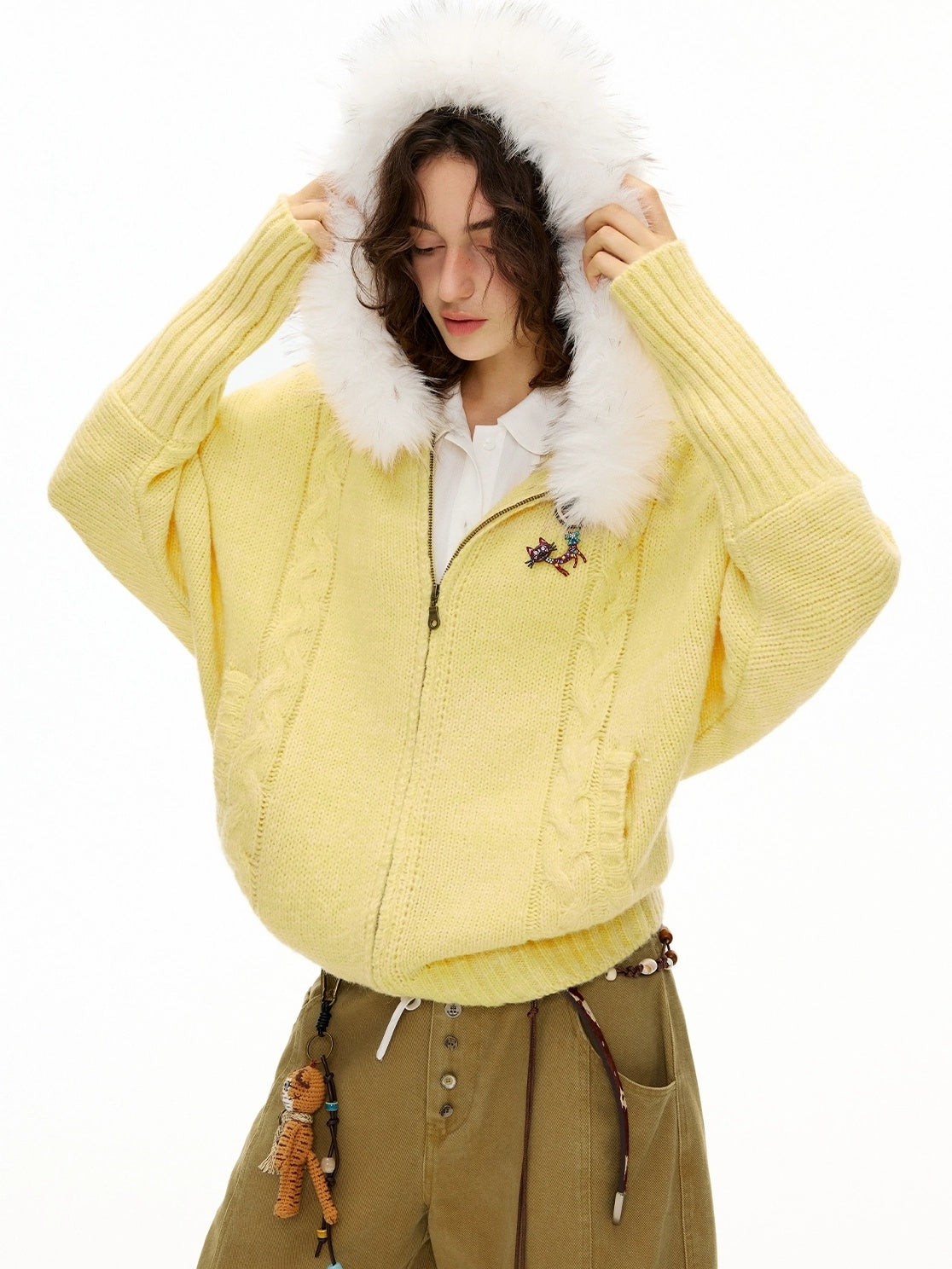 OuttheBlue Thermal Warm Hooded Zip Cardigan Loose Commuter Style Women Knit Sweater