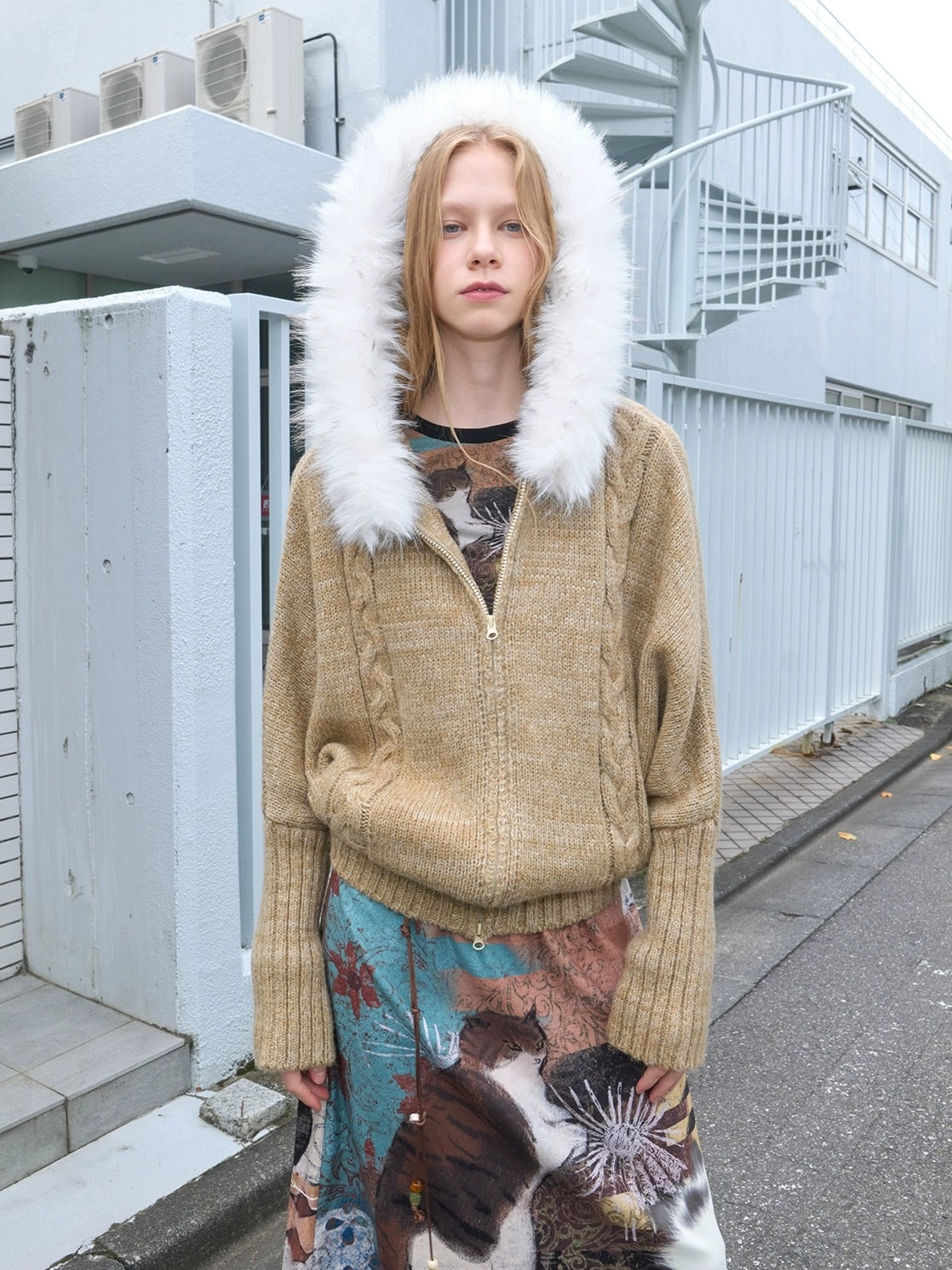 OuttheBlue Thermal Warm Hooded Zip Cardigan Loose Commuter Style Women Knit Sweater