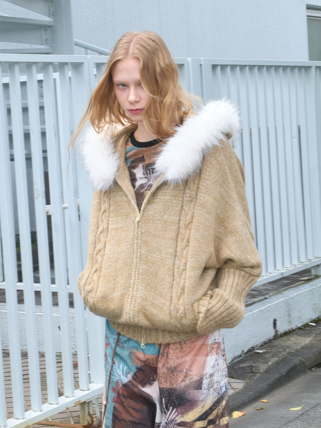 OuttheBlue Thermal Warm Hooded Zip Cardigan Loose Commuter Style Women Knit Sweater