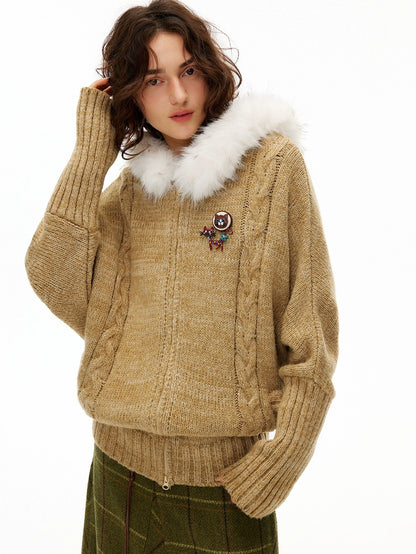 OuttheBlue Thermal Warm Hooded Zip Cardigan Loose Commuter Style Women Knit Sweater