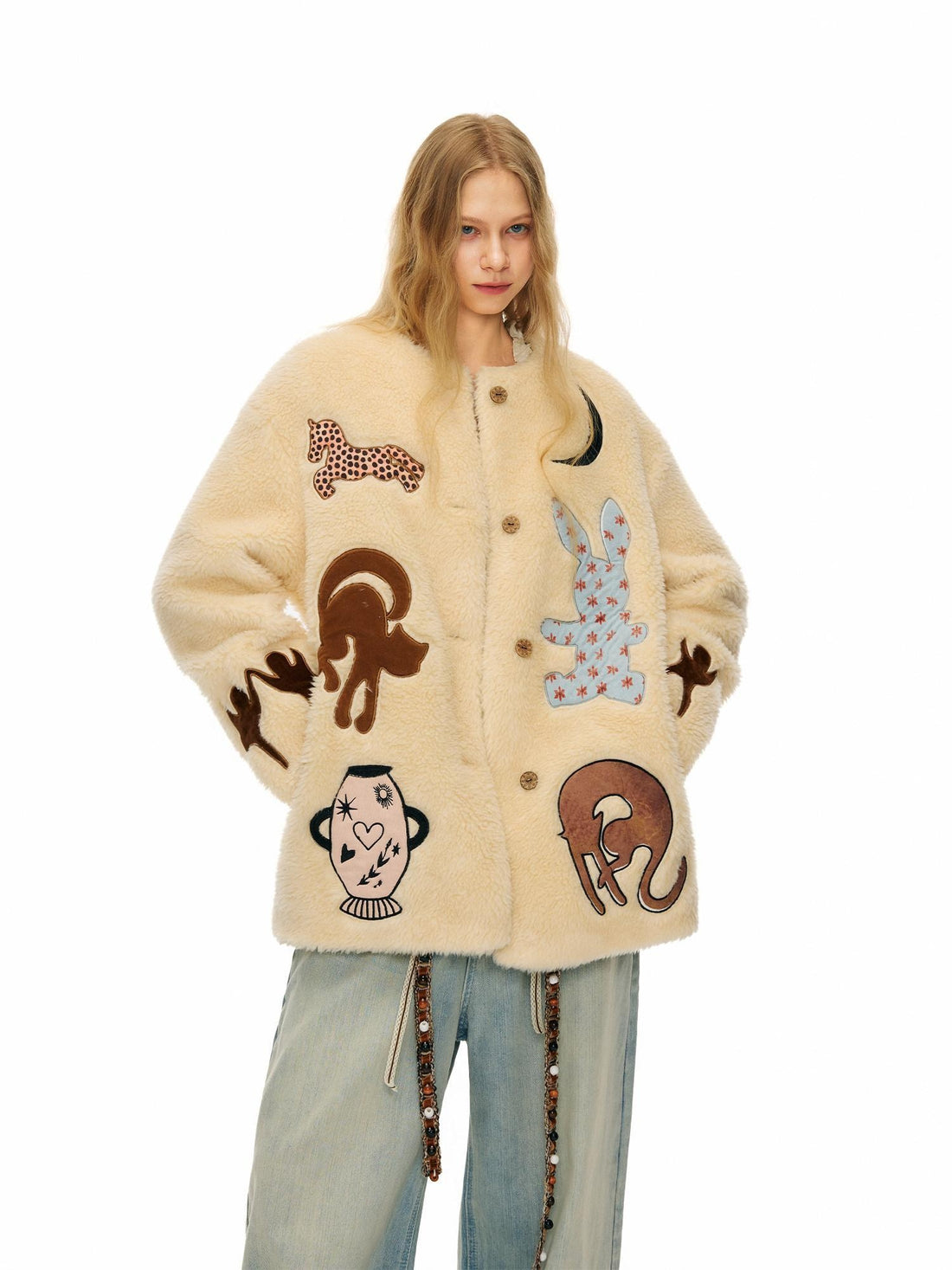OuttheBlue Thick Animal Print Loose Fit Round Neck Button Women Beige Wool Blend Jackets