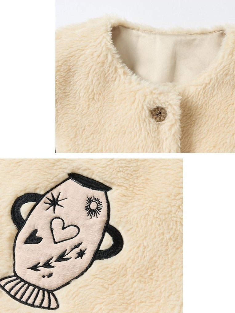 OuttheBlue Thick Animal Print Loose Fit Round Neck Button Women Beige Wool Blend Jackets