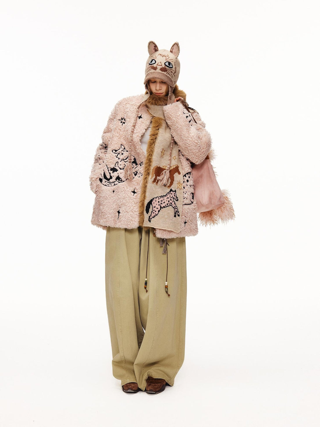 OuttheBlue Thick Cotton Padded Embroidered Sweet Loose Fit Round Neck Dirty Pink Jacket