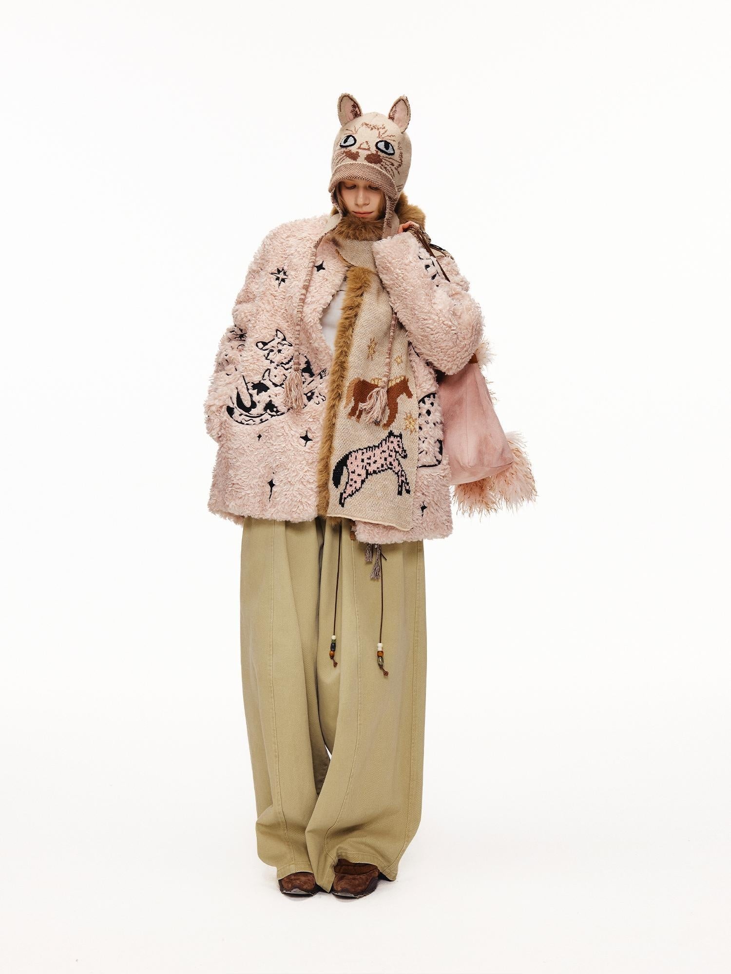 OuttheBlue Thick Cotton Padded Embroidered Sweet Loose Fit Round Neck Dirty Pink Jacket