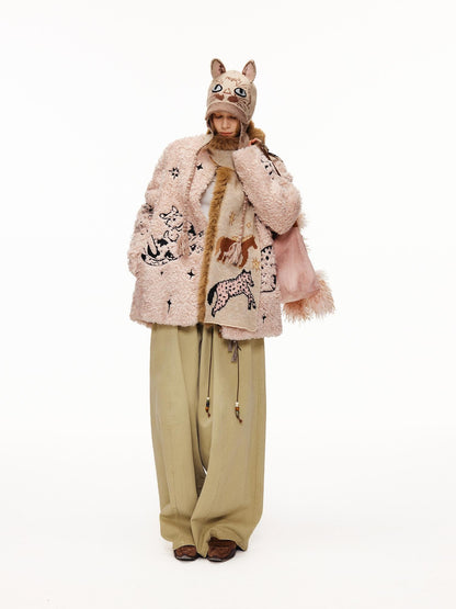 OuttheBlue Thick Cotton Padded Embroidered Sweet Loose Fit Round Neck Dirty Pink Jacket