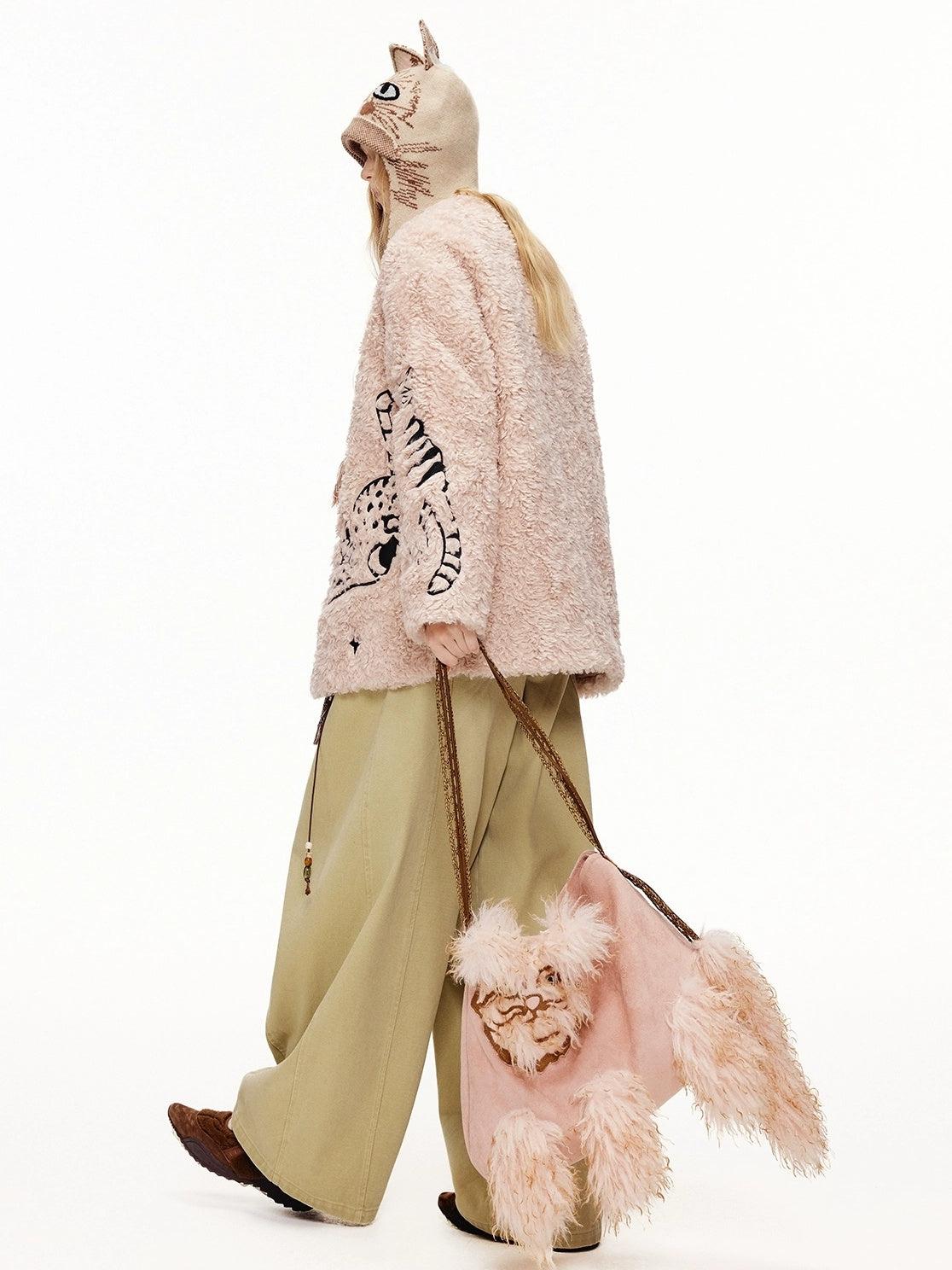 OuttheBlue Thick Cotton Padded Embroidered Sweet Loose Fit Round Neck Dirty Pink Jacket