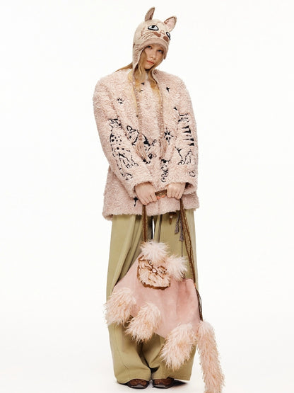 OuttheBlue Thick Cotton Padded Embroidered Sweet Loose Fit Round Neck Dirty Pink Jacket