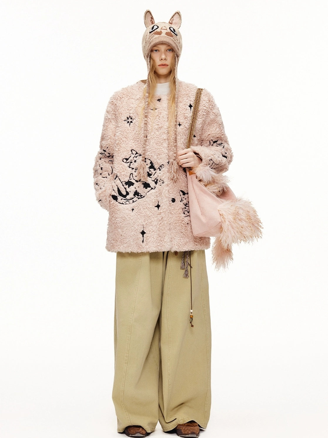 OuttheBlue Thick Cotton Padded Embroidered Sweet Loose Fit Round Neck Dirty Pink Jacket