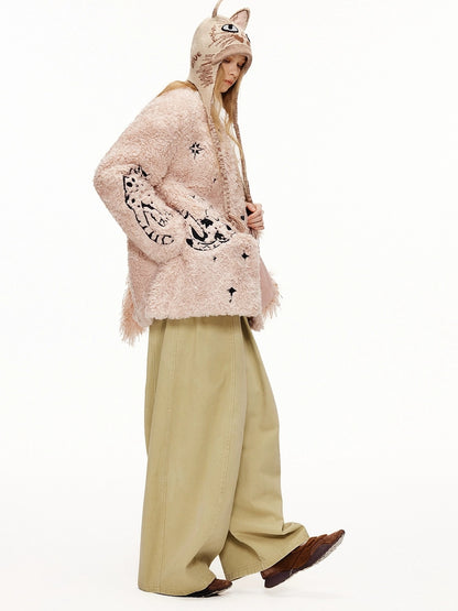 OuttheBlue Thick Cotton Padded Embroidered Sweet Loose Fit Round Neck Dirty Pink Jacket