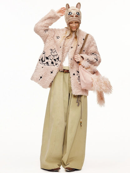 OuttheBlue Thick Cotton Padded Embroidered Sweet Loose Fit Round Neck Dirty Pink Jacket