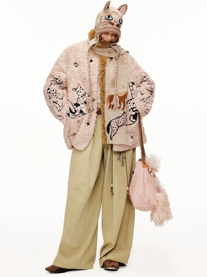 OuttheBlue Thick Cotton Padded Embroidered Sweet Loose Fit Round Neck Dirty Pink Jacket