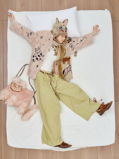 OuttheBlue Thick Cotton Padded Embroidered Sweet Loose Fit Round Neck Dirty Pink Jacket