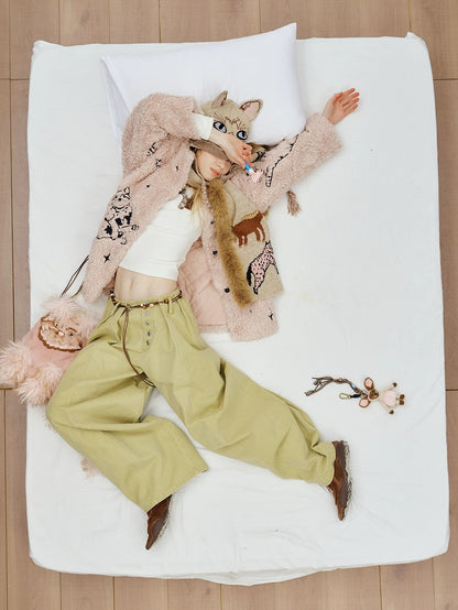 OuttheBlue Thick Cotton Padded Embroidered Sweet Loose Fit Round Neck Dirty Pink Jacket