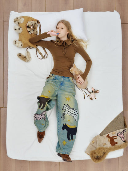 OuttheBlue Thick Cotton Padded Embroidered Sweet Loose Fit Round Neck Dirty Pink Jacket