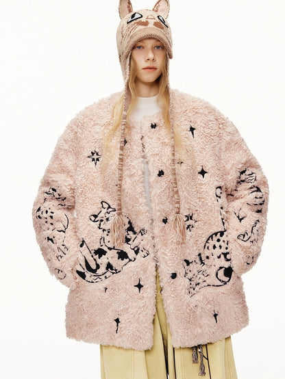 OuttheBlue Thick Cotton Padded Embroidered Sweet Loose Fit Round Neck Dirty Pink Jacket