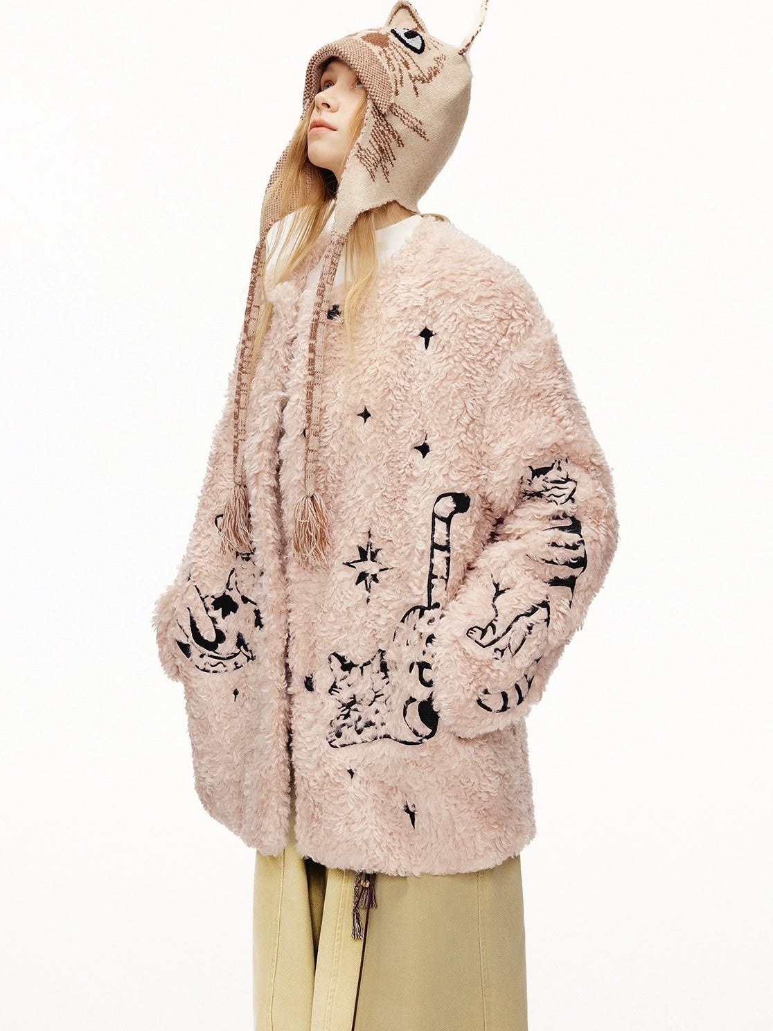 OuttheBlue Thick Cotton Padded Embroidered Sweet Loose Fit Round Neck Dirty Pink Jacket