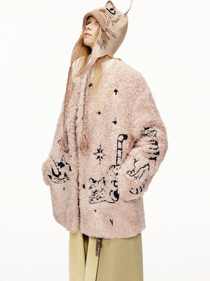 OuttheBlue Thick Cotton Padded Embroidered Sweet Loose Fit Round Neck Dirty Pink Jacket