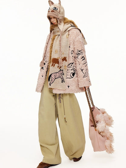 OuttheBlue Thick Cotton Padded Embroidered Sweet Loose Fit Round Neck Dirty Pink Jacket