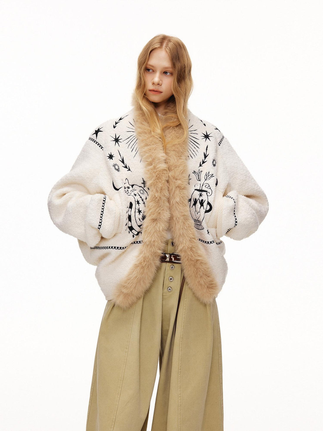 OuttheBlue Thick Wool Blend Embroidered Commuter Loose Fit Women White Puffer Jackets