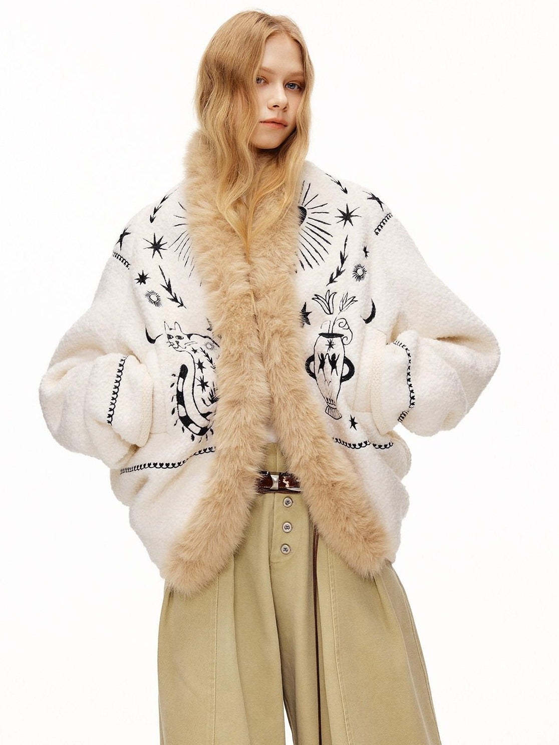 OuttheBlue Thick Wool Blend Embroidered Commuter Loose Fit Women White Puffer Jackets
