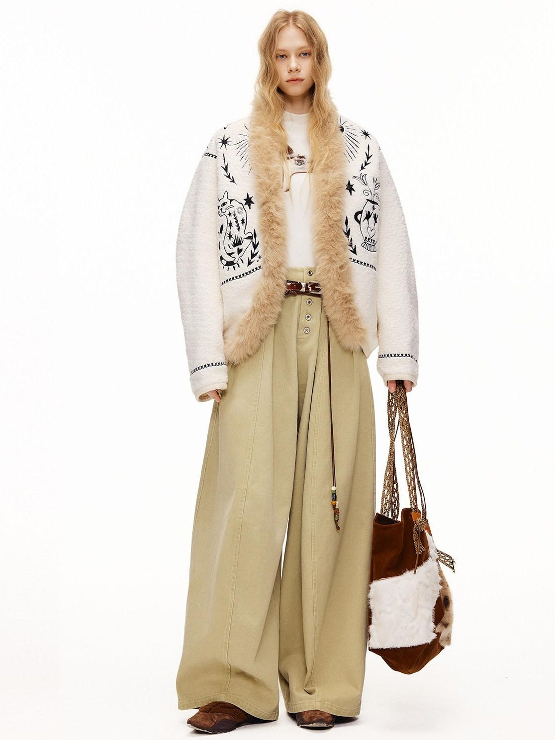 OuttheBlue Thick Wool Blend Embroidered Commuter Loose Fit Women White Puffer Jackets